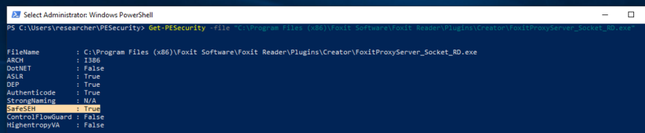 FoxitProxyServer_Socket_RD.exe is compiled with the SafeSEH mitigation