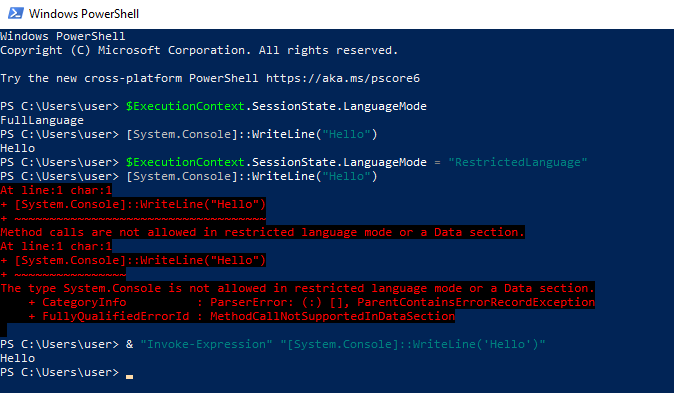 Escaping RestrictedLanguage mode in Powershell