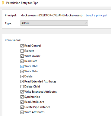 Permissions set for the docker-users group on the dockerBackend NamedPipe